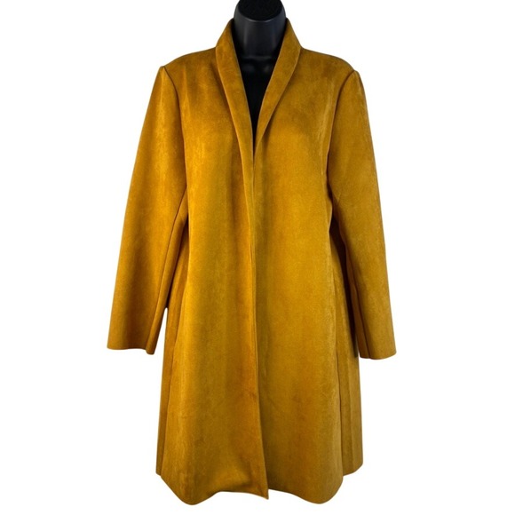 THML Anthropologie Womens Med Mustard Yellow Faux Suede Duster Coat Open Front - Picture 2 of 16
